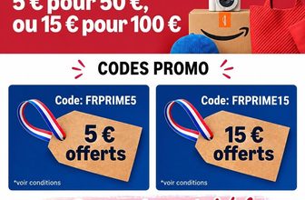 Exclusivité Prime ! Profitez de 5 € offerts dès 50 € d’achat avec le code FRPRIME5, ou de 15 € offerts dès 100 € d’achat avec le code FRPRIME15